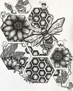 a black and white drawing of flowers, bees and honeycombs