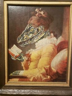 a painting of a woman reading a book with a snake on her head next to her