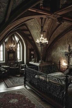 an ornate bedroom with chandelier and bed in the middle, surrounded by stone walls