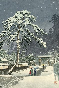 two people standing under a tree in the snow with umbrellas over their heads and one person holding an umbrella