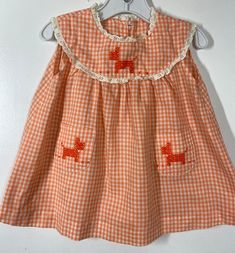 "Made with a whole Lot of love❤️❤️❤️, Little Crosstitch puppy dog dress /smoke free environment / pit to pit 12\"blouson / length (shoulder to bottom) 15\"/ (3)" Cute Vintage Dress With Doll Collar, Vintage Cotton Playtime Dress, Cute Gingham Dresses With Lace Trim, Cute Handmade Sleeveless Dress, Handmade Fitted Vintage Dress, 70s Witch, Red Baby Dress, Vintage Baby Dress, Old Baby Clothes