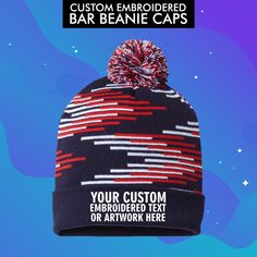 "Custom Embroidered Bar Beanies with Pom Pom (Winter Caps) is being sold in this listing.  Front Embroidery only. These are RKB12 Bar Beanies. Our High Quality Embroidery would make your art or text or business logo stand out in public and is great for marketing purpose as well. Custom Embroidered Knit Caps is used for events, street wear, marketing purposes, sports events etc. Embroidery looks exquisite on these hats. These are MADE IN THE USA winter Hats.  Price includes your artwork and it's digitizing for embroidery along with the embroidery cost on the hat. Hat Colors are available in the photo chart. We'll share a mock of the hat with you first with your customized art/text and after approval, we'll go ahead and start the production for your order. PRODUCT DETAILS > 97/3 acrylic/lycr Beanie Embroidery, Make Your Own Hat, Written Logo, Embroidery Winter, Knit Caps, Winter Caps, Art Text, Custom Embroidered Patches, Personalised Gifts Handmade