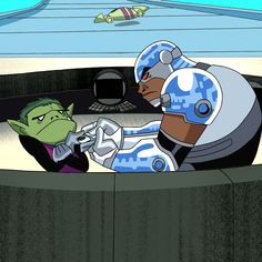 two cartoon characters are sitting in a vehicle