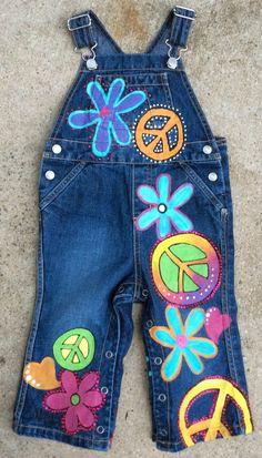 Custom Overalls, Rainbow Hippie Hand Painted Denim, Peace Signs, Flowers, Boho Baby Clothes, Customi Custom Overalls, Painted Overalls, Customized Denim, Boho Baby Clothes, Pageant Wear, Painted Clothes Diy, Senior Overalls, Art Jeans, Denim Art