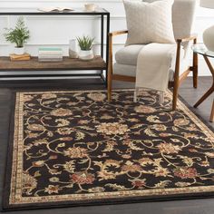 a living room area with a chair, coffee table and rug