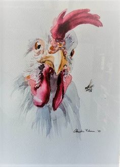 a painting of a rooster with red feathers and a white head, holding a pink heart