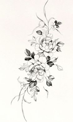 black and white drawing of flowers on a white background