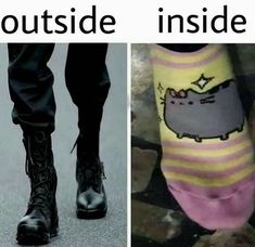 two pictures side by side, one with a cat on it and the other has a pair of black boots