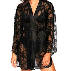 Victoria's Secret Lace Short Kimono Robe Satin. Lace. Love. In Allover Floral Lace, Our Fresh Take On The Classic Kimono With Satin Trim, A Shawl Collar And Front-Tie Waist. Lace Trim Tie Waist 25" From Shoulder; Hits Above Knee Machine Wash .Body: 100% Polyamide Trim1 00% Polyester Exclusive Of Decoration Black Lace Robe, Lace Trim Sleep Robe, V-neck Robe With Lace Trim For Daywear, Victoria's Secret V-neck Nightgown For Loungewear, Victoria's Secret Black V-neck Sleepwear, Short Kimono Robe, Lingerie Catalog, Victoria Secret Lingerie, Lace Kimono