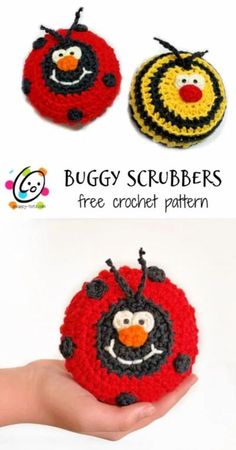 crocheted ladybug scrubbers are shown in three different colors