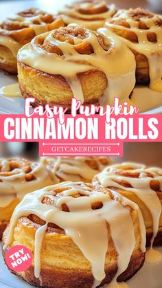 cinnamon rolls with icing on top and the words easy pumpkin cinnamon rolls above them