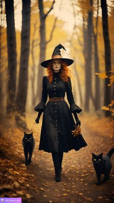 a woman in a witch costume walking down a path with two black cats behind her