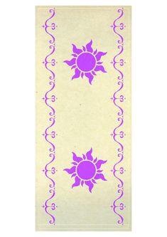 the back side of a purple and white bookmark with an image of a sun on it