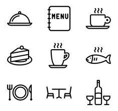 different types of food and drink icons on a white background, such as cake, coffee, tea, wine