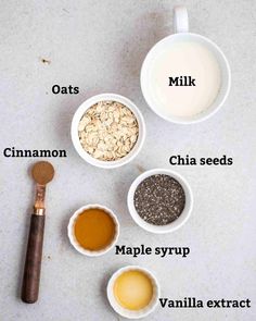 ingredients to make oatmeal smoothie laid out in bowls