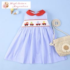 All Aboard! The Back-to-School ABC ALPHABET TRAIN is pulling out of the station and into your home! This beautiful Back to School girl's dress is absolute perfection. Coming in a stunning blue and white stripe fabric, it features a hand-smocked train carrying the ABC's across the chest, red piping detail and a coordinating red peter pan collar. This style will not be restocked. If you're thinking about buying it, don't wait and risk your size selling it out. it WILL sell out. ------ Thank you fo Timeless Clothes, Alphabet Train, School First Day, Baby Girl Toddler, Toddler Dresses, Abc Alphabet, The Abc, Girl Toddler, 1st Day Of School