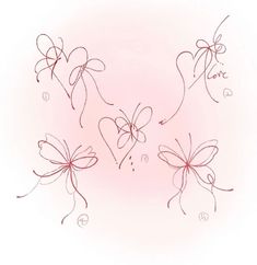 four bows with hearts drawn on them