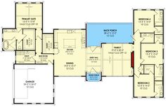 the first floor plan for a home with two master suites and an attached pool area