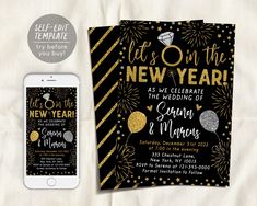 a new year's eve party card and phone