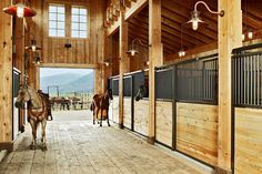 two horses are walking in an enclosed area with wooden walls and beams, while another horse is standing on the other side