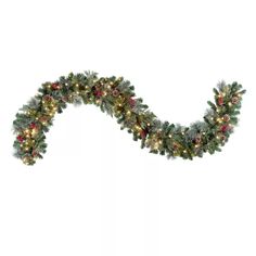 a christmas garland with lights and pine cones on it's sides, in the shape of a wave