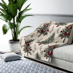 a living room with a couch, potted plant and decorative throw blanket on it