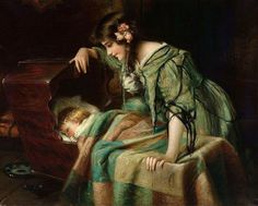 a painting of a woman laying in bed next to a baby