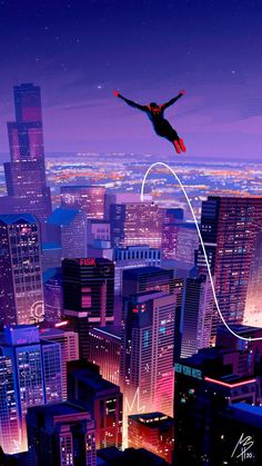 a spider man flying over a city at night