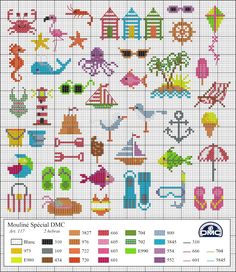 a cross stitch pattern with different colors and designs on it, including an image of various items