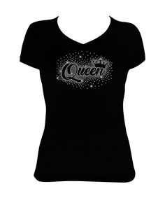 "This is for New Women's Fitted T-Shirt embellished with \" Queen \" in Scattered Pattern made in Rhinestones with a choice of V-Neck in Cap Sleeve or Long Sleeve Styles or Ribbed Racerback Tank Top. V-Neck Cap Sleeve and Long Sleeve Styles Attributes are as follows: Made of 95% Cotton and 5% Spandex; Light Weight Combed Cotton Build to Stretch Small: Width 15\" X Length 25\" Medium: Width 16\" X Length 26\" Large: Width 17\" X Length 27\" XL: Width 19\" X Length 28\" 2X: Width 21\" X Length 29\ Fitted Black T-shirt With Rhinestones, Fitted Glitter Print Crew Neck Top, Fitted Rhinestone Crew Neck T-shirt, Fitted Crew Neck T-shirt With Rhinestones, Fitted Crew Neck T-shirt With Glitter Print, Fitted Short Sleeve Tops With Glitter Print, Ribbed Racerback Tank Top, Star Shirt, Racerback Tank Top