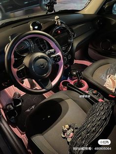 pink car interior Pink Sparkly Car Interior, Black And Silver Car Decor, Nissan Interior Aesthetic, Inside Car Interior, Black And Pink Car Interior Aesthetic, Black And Silver Car Interior, Silver Car Accessories, Kuromi Car Decor, Girly Interior Car