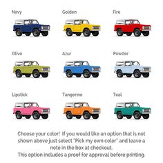 four different colored jeeps are shown in this poster