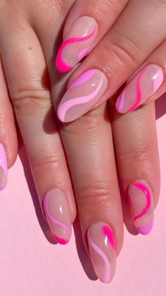 Pink nails with swirls Summery Nails, Her Nails, Classy Acrylic Nails, Pink Nail Designs, Uñas Acrilicas, Pink Nail