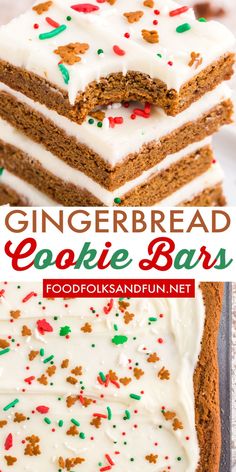 gingerbread cookie bars with white frosting and sprinkles are stacked on top of each other