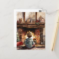 a watercolor painting of a child sitting in front of a fireplace