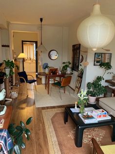 a living room filled with furniture and lots of plants on top of a hard wood floor