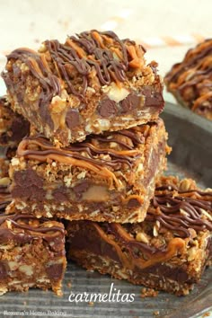 chocolate caramel crunch bars stacked on top of each other