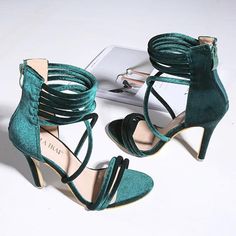 Suede Stiletto Heel Peep-toe Lace Wraps Zipper Sandals-Green on Luulla Lace Up Sandal Heels, Sandals Design, Casual High Heels, Ankle Strap Sandals Heels, Zipper Heels, Velvet Heels, Womens Stilettos, Peep Toe Sandals, Lace Up Sandals