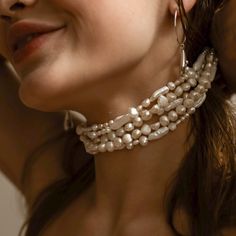 Pearl Choker Outfit, Pearl Photoshoot, Feminine Closet, Pearl Necklace Simple, Choker Outfit, Baroque Pearls Jewelry, Ear Curation, Wedding Moodboard, Handmade Chokers