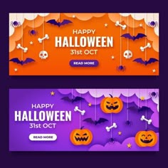 two halloween banners with bats and jack - o'lanterns hanging from strings on purple background