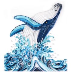 a blue and white whale jumping out of the water with waves on it's back