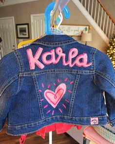 These custom jean jackets are perfect for any occasion or just for fun! List child's name and size below, along with color choice. Kids Jeans Jacket Custom, Custom Jean, Custom Jean Jacket, Fun List, Kids Clothing Brands, Painted Hearts, Custom Jeans, Blue Jean Jacket, Painted Denim