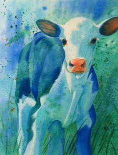 a painting of a cow standing in the grass