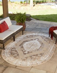 an outdoor area with chairs, rug and potted plant on the side of the patio