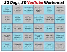 YouTube is a great source for free workout videosso today I'm sharing a chart of 30 free workout videos on YouTubeall from different fitness channels Fitness Blender Workouts, Workout Videos On Youtube, Youtube Workouts, Body Rock Tv, Workout Videos Free, Youtube Workout, Fitness Blender, 30 Day Fitness, Fitness Video