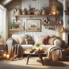 a living room filled with lots of furniture next to a fire place and shelves full of candles