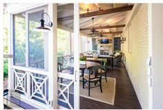 an open porch and dining area with sliding glass doors