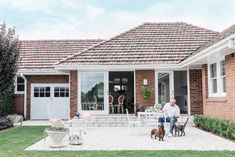 a man sitting on a bench with two dogs in front of him and another dog standing next to him