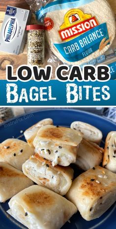 low carb bagel bites on a blue plate and in the background is an image of bread