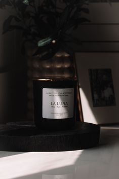 a candle sitting on top of a table next to a potted plant